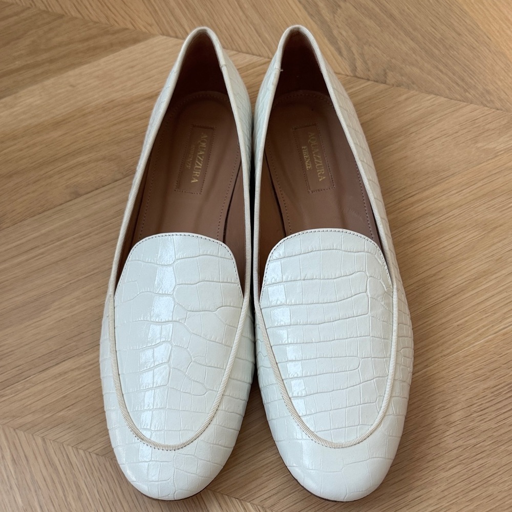 Aquazzura Ivory Croc-Embossed Loafers